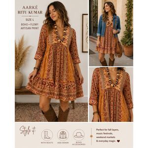 Aarke Ritu Kumar Boho Floral Block Print Mini Dress Size L Tiered